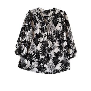 80 Park Black White Floral Blouse L 3/4 Roll Tab Sleeve Boho Whimsigoth Career